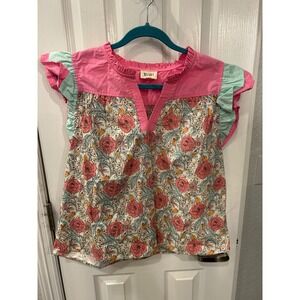 BIB! Blouse Pink Floral Ruffle Flutter Sleeve Cotton Top IT3542R-01MD